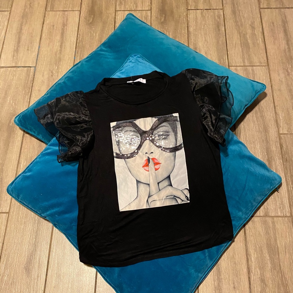 Blouse with stone application and tulle sleeves